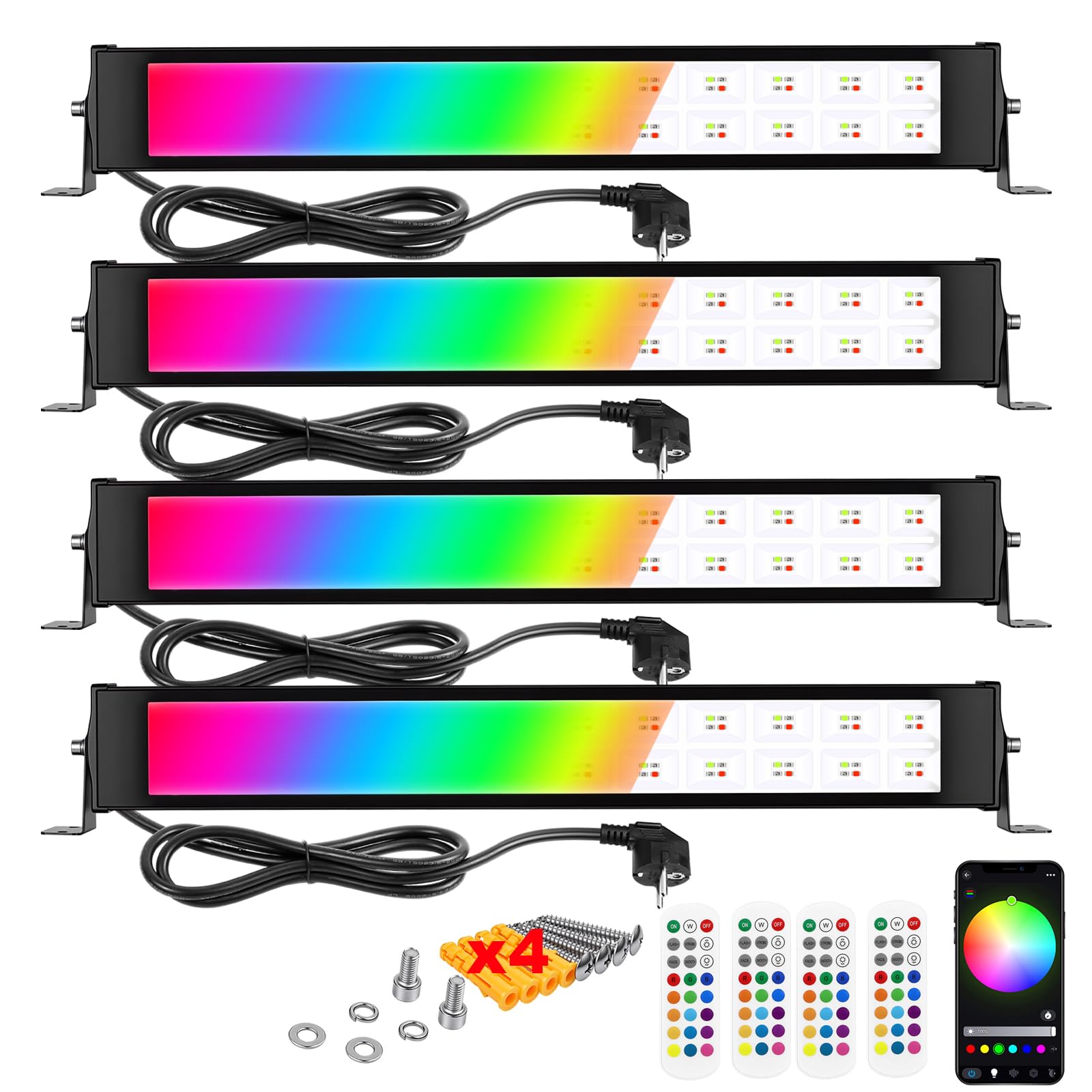 RIGIDON 4x 28W 2800LM RGBW LED Strahler APP & Fernbedienung, RGBW Farbwechsel Led Bar Wallwasher, Dimmbar Timer Bunt Fluter Lampe Für Party Garten Baum, DJ Disco Feiern, Außen/Innen Wasserdicht IP67