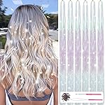 MISSUHUI Hair Tinsel Kit With Tools 47Inch Fairy Hair Tinsel Heat Resistant 6Pcs 1200Strands Highlights Glitter Hair Extensions Sparkling Shiny Tinsel Hair Extensions for Women Girls Kids (White-Pink)