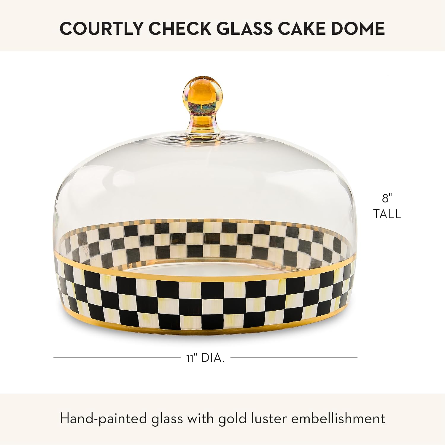 MACKENZIE-CHILDS Glass Cake Dome, Round Cake-Stand Cover, 11-Inch Diameter, Black-and-White Courtly Check