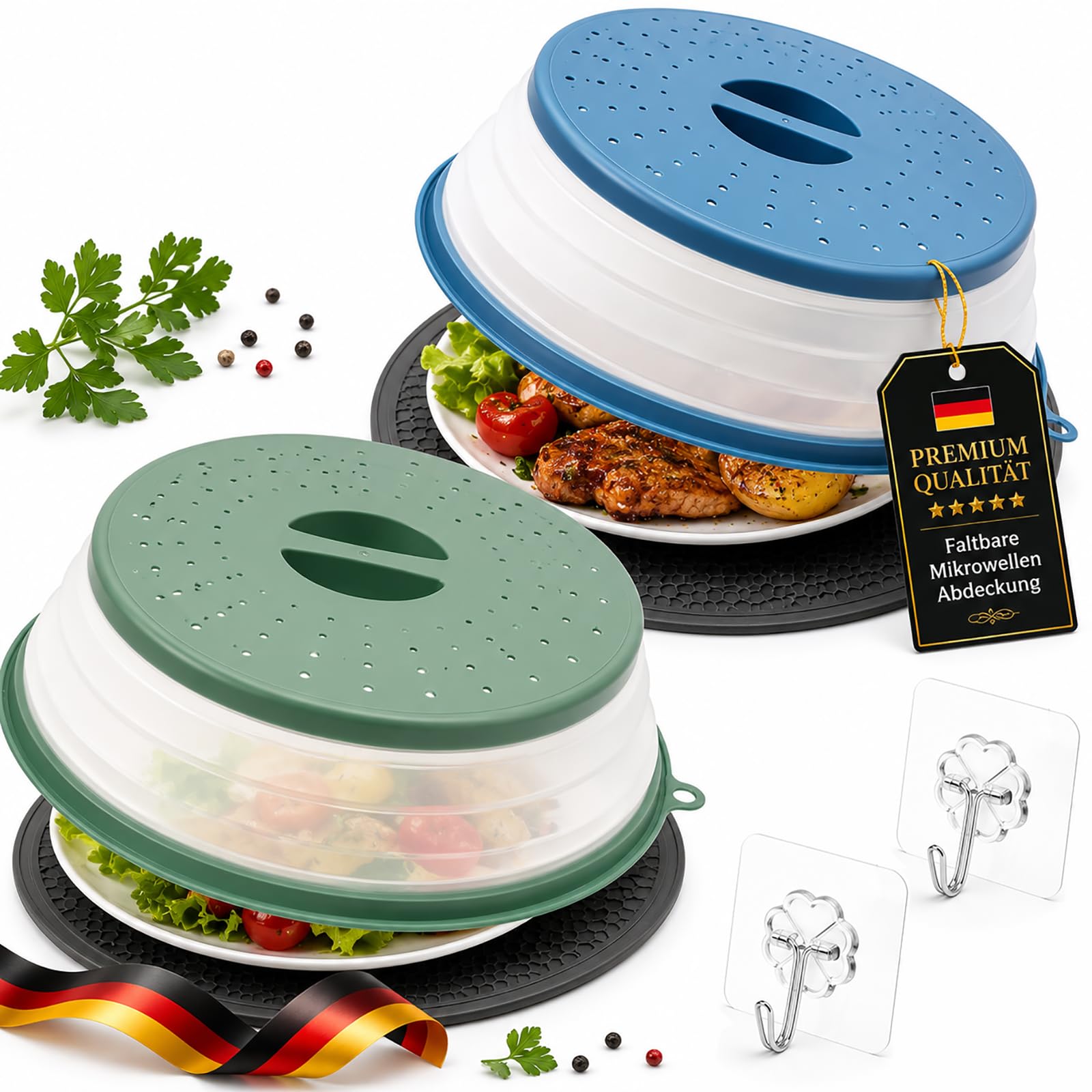 2 Pezzi Coperchio Microonde Pieghevole, Coperchio Piatto con Sottopentola in Silicone, Coperchio per Microonde Antischizzi, Coperchio Microonde con Ganci, per Frutta, Verdura