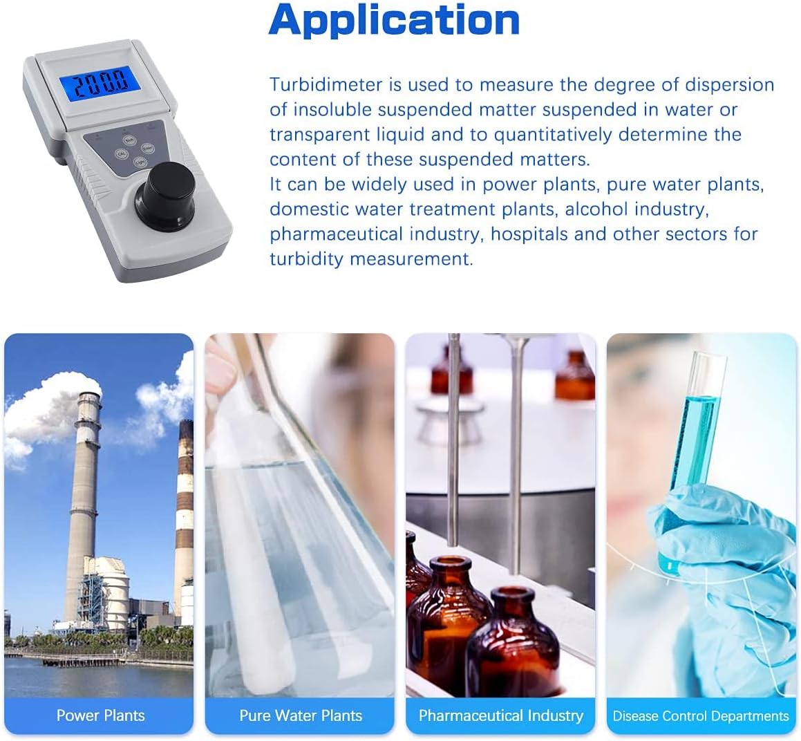 Portable Turbidity Meter, Digital Water Turbidimeter, Water Quality Turbidity Detection Analyzer Tester, LCD with Backlight, Accuracy 0.1, for Lab Water Treatment Plant Wine Industry