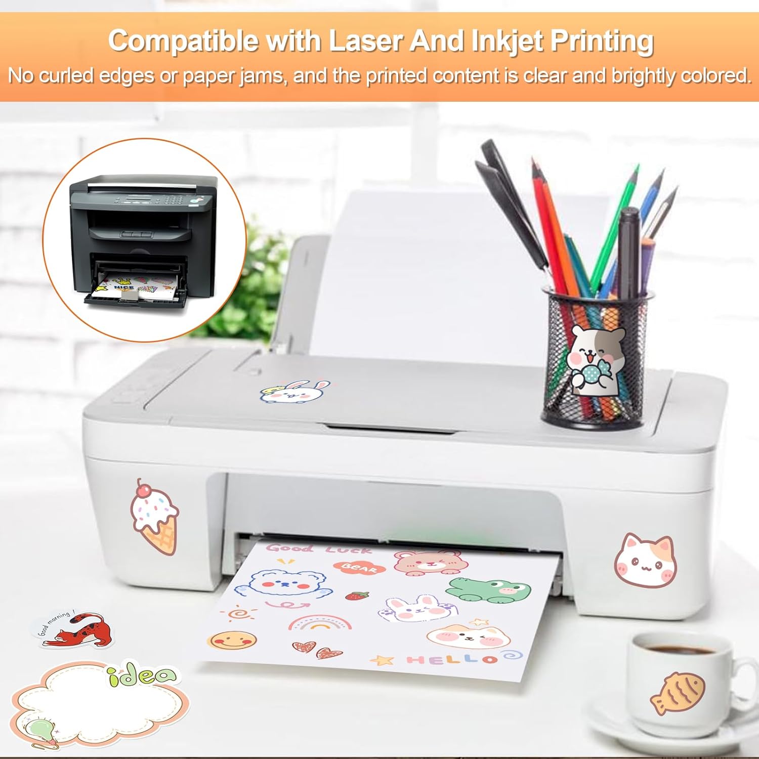 printable sticker paper for inkjet printer, 40 sheets 8.5"x11'' matte sticker printer paper full sheet labels for laser/inkjet printers, letter size 8.5''x11''(1-up) 40 sheets
