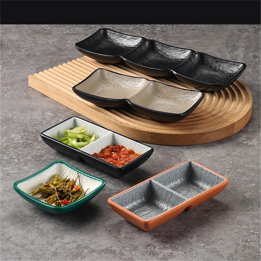 Cuencos dobles para salsa de soja y condimentos, platos de sushi divididos, bandeja para servir aperitivos con dos compartimentos para vinagre y ketchup (ge)