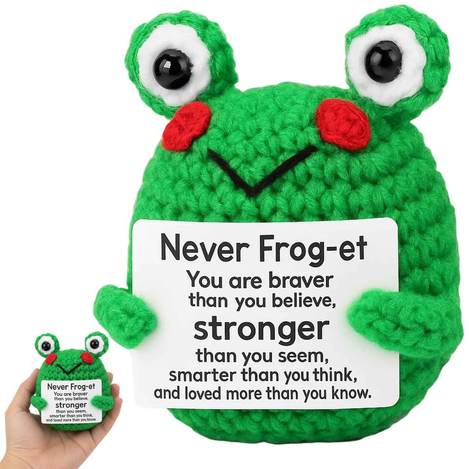 YgonziRuvc Positive Frog Crochet Emotional Support Plush Doll with Card, Cute Knitted Green Frog Potato Toy