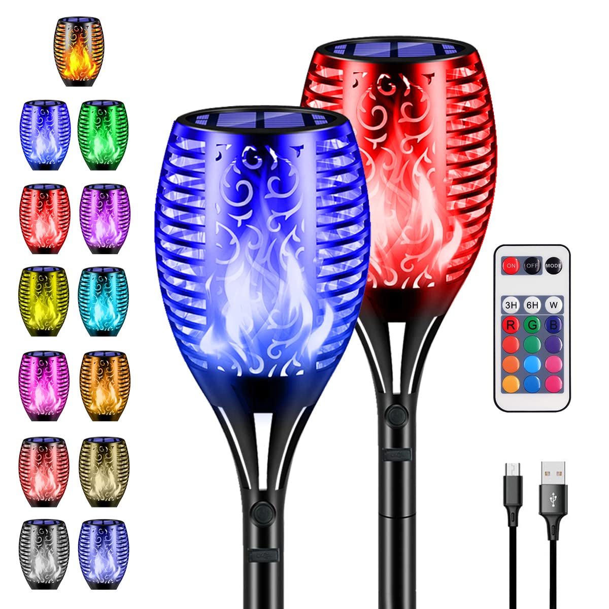 B 2 Pack Solar Lights Outdoor Flickering Torch, with USB Charging Port Remote, 13 Color Changing RGB,Solar Torch Lights Auto On/Off for Garden Patio Driveway Party