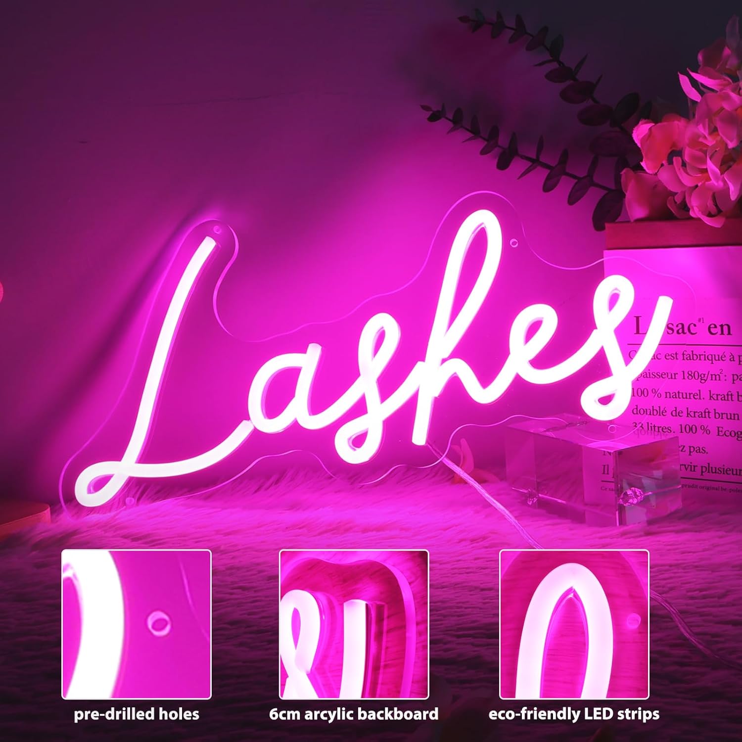 Lashes Neon Sign, Eyelashes Lashes Letters LED Sign Light, USB Powered Aesthetic Room Lashes Salon Decor, for Bedroom Beauty Room Studio Bar Pub Barber Business Shops Office - Image 6
