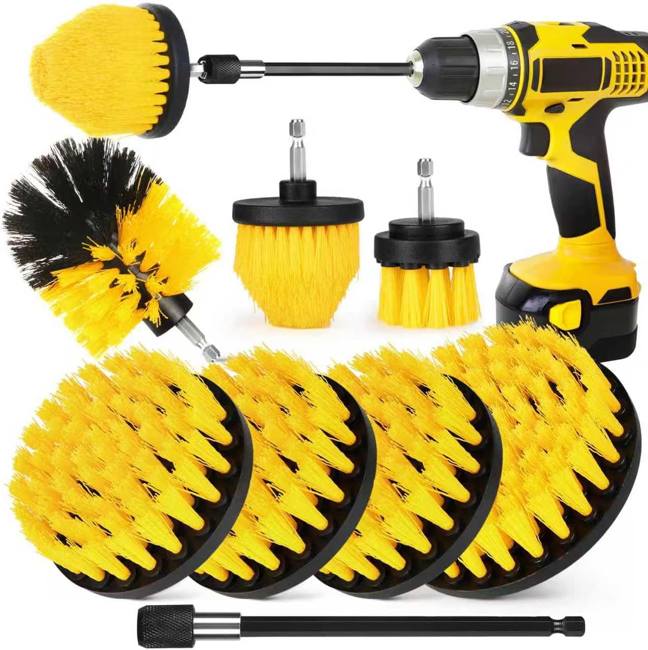 Drill Brush Attachment Set, 7 Pack 1/4in Power Scrubber Brush + Extend Long Attachment, Brush Drill Attachment, Power Cleaning Scrub Brush for Bathroom, Tub, Tile, Corner, Floor