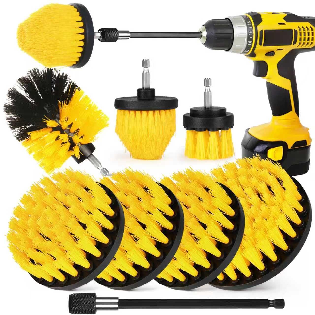 Drill Brush Attachment Set, 7 Pack 1/4in Power Scrubber Brush + Extend Long Rod, Brush Drill Attachment, Power Cleaning Scrub Brush for Bathroom, Tub, Tile, Corner, Floor