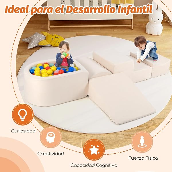 COSTWAY Juego de Escalada y Rampa de 5 Piezas, Bloque de Escalada con Piscina de Pelota Infantil, Funda Lavable a Máquina con Cremallera, Bloques de Construcción Creativos,Sin Pelotas de Mar (Beige) - 5