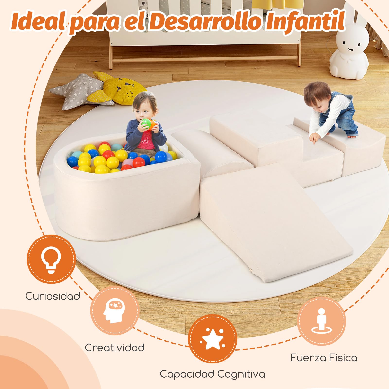 COSTWAY Juego de Escalada y Rampa de 5 Piezas, Bloque de Escalada con Piscina de Pelota Infantil, Funda Lavable a Máquina con Cremallera, Bloques de Construcción Creativos,Sin Pelotas de Mar (Beige) — view 5