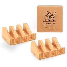 Shampoo Bar and Sponge Holders for Shower Self-Draining Bamboo Soap Dish Tray, 2 Pack Wooden Soap Saver Racks for Conditioner Bars, Razor, Sink, Bathroom, Kitchen, or Travel
