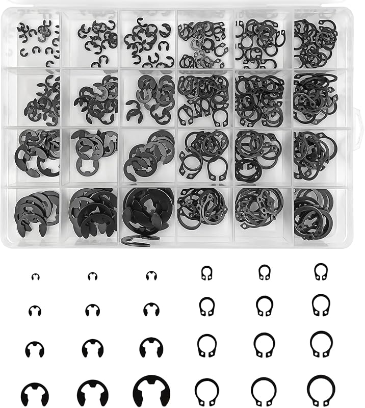324pcs Carbon Steel Assortment Kit for Retaining Rings, 12 Sizes E-Clips and 12 Sizes C-Clips, Suitable for Fastening Jobs, High Compatibility and Wear Resistance