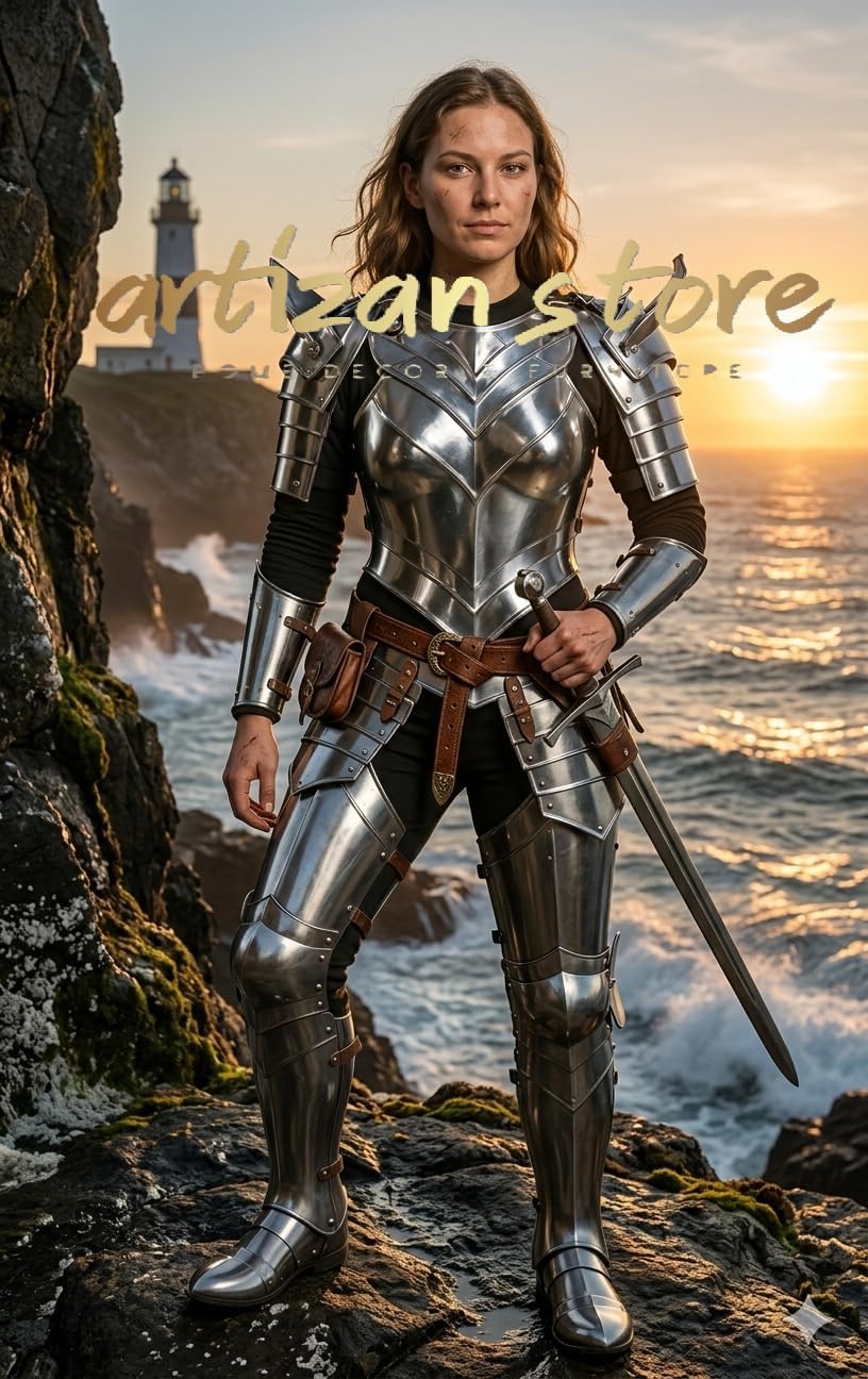Medieval Knight Fantasy Brave Lady Warrior Full Body Armor Set – Women’s Silver Cuirass with Pauldrons, Gorget & Vambraces. Arm & Leg Armor | LARP, Cosplay & Renaissance Faire Female Armor