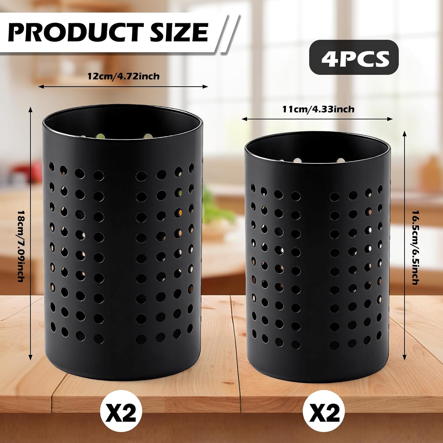 4PCS Black Stainless Steel Utensil Holder and Utensil Drying Holder, as a Kitchen Countertop Organizer and Silverware Drainer for Daily Home Use