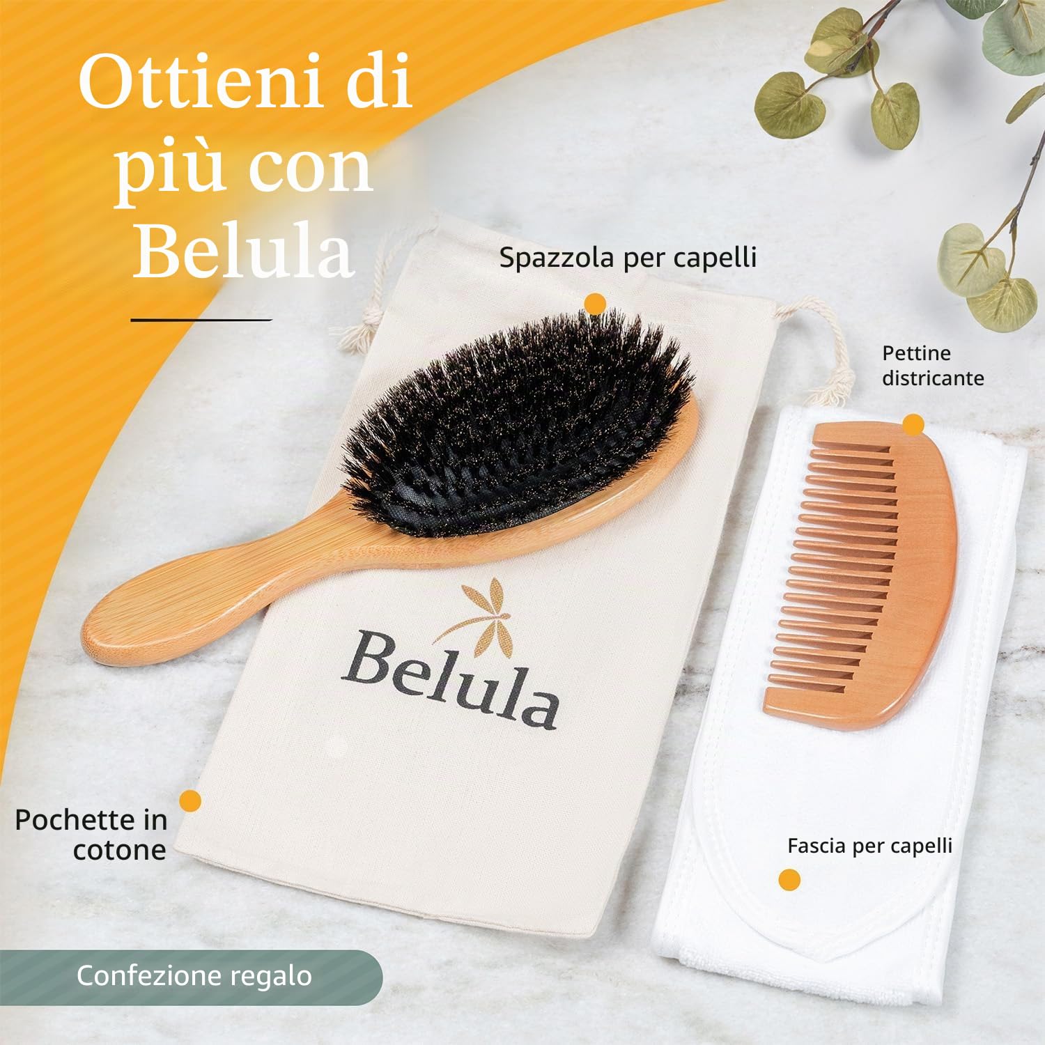 Belula Set spazzola per capelli. 100% setole cinghiale per capelli sottili e fini. Ripristina lucentezza e consistenza. Pettine in legno, borsa da viaggio e fascia per spa inclusi!