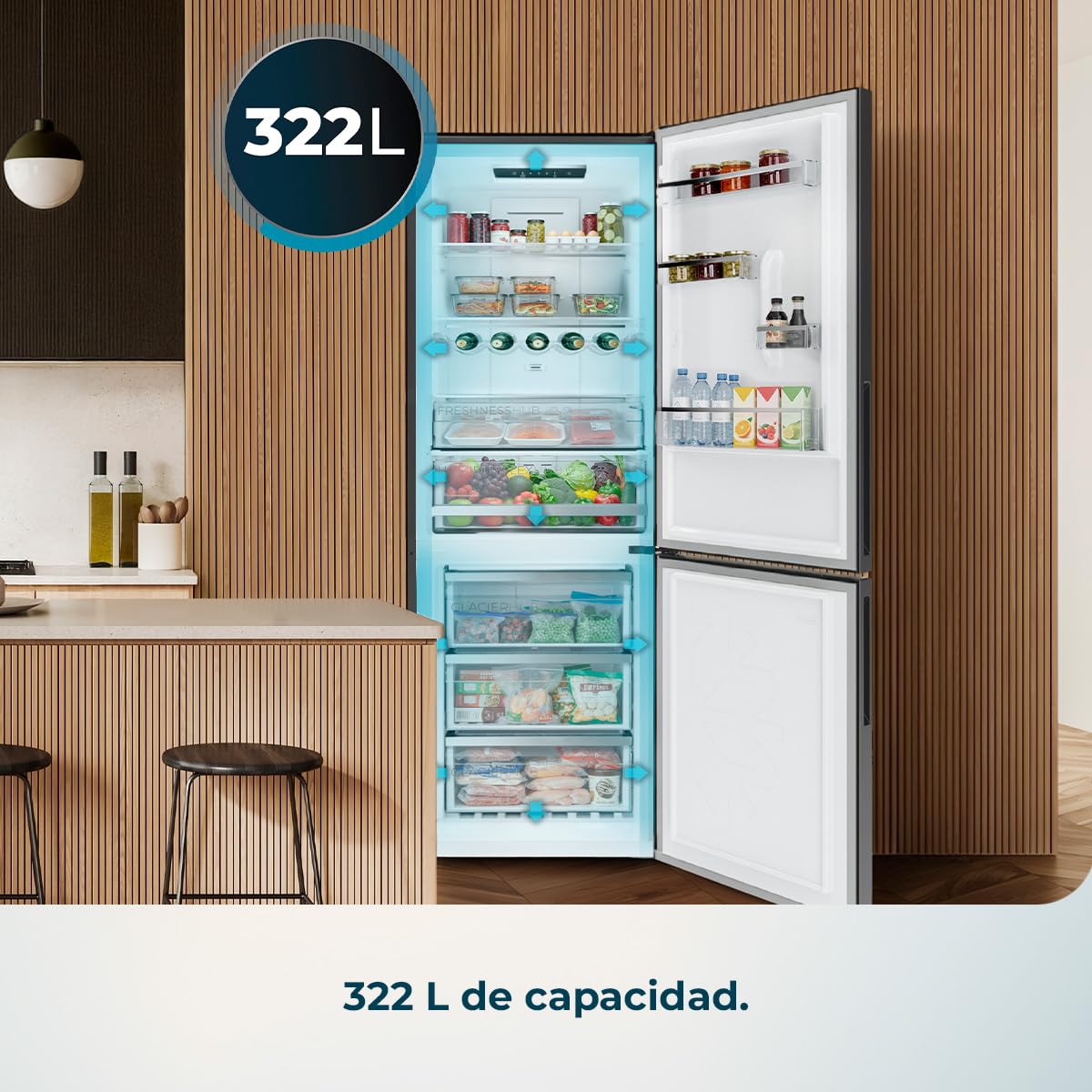 Cecotec Frigorífico Combi Total No Frost de 322L Bolero CoolMarket Combi 322i WD Inox E. 185,5 cm de Alto, 59,5 cm de Ancho, Clase E, Tecnología Multi Airflow, HumidityFlex HUB, LED Interior, Inox