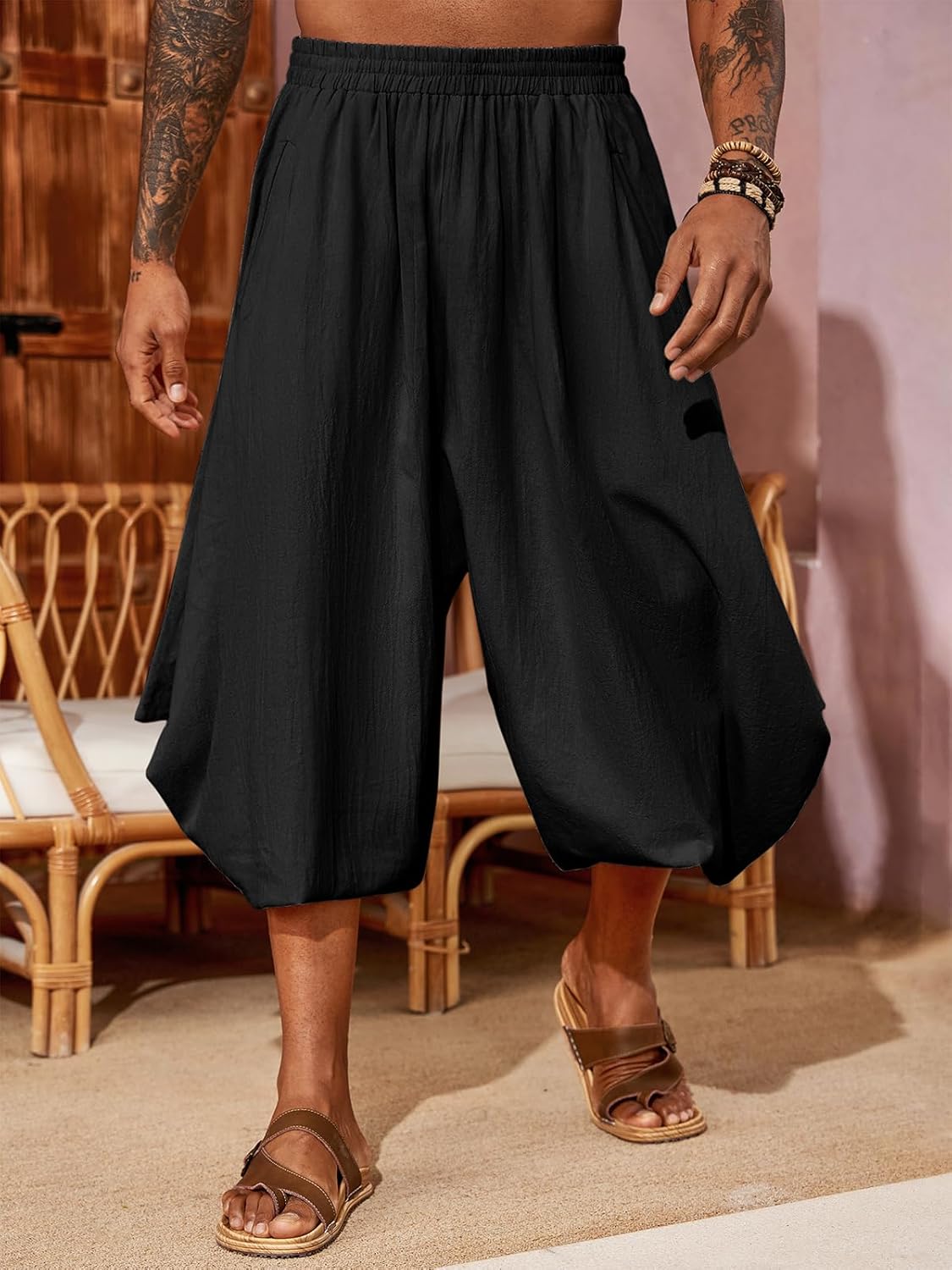 PASLTER Mens Harem Pants Linen Yoga Beach Baggy Summer Boho Aladdin Genie Pants - Image 2