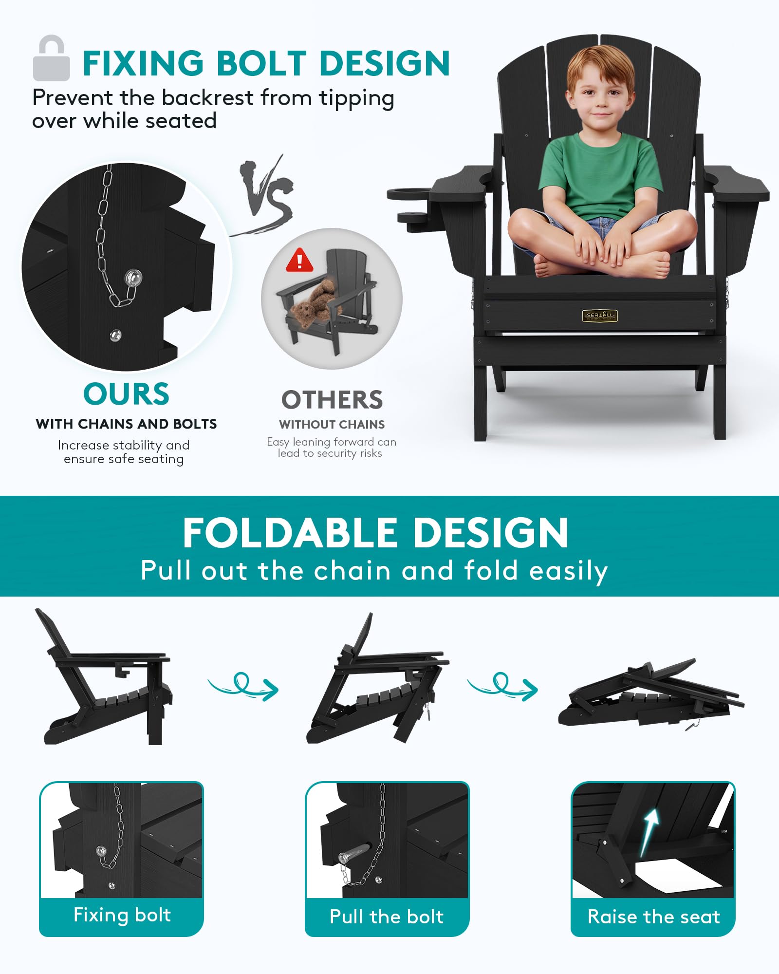 SERWALL Folding Adirondack Chair Set of 4, Weather Resistant HIPS Patio Chairs with Cup Holder for Garden Outdoors Fire Pit - Black - 4