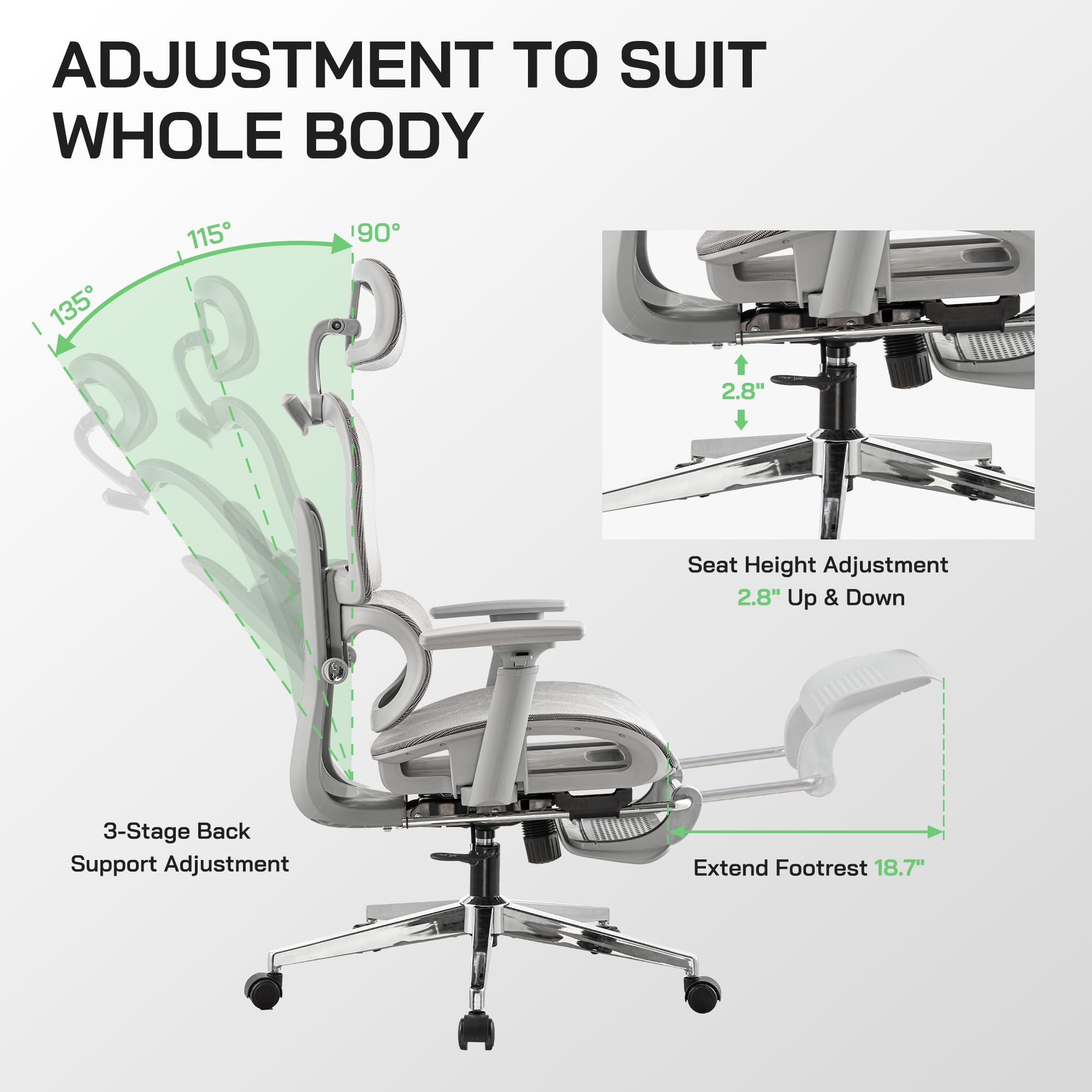 Silla de oficina ergonómica de malla con reposapiés, silla de juegos de malla de respaldo alto con soporte lumbar, soporte de espalda, reposacabezas y reposabrazos ajustables para oficina en casa 7