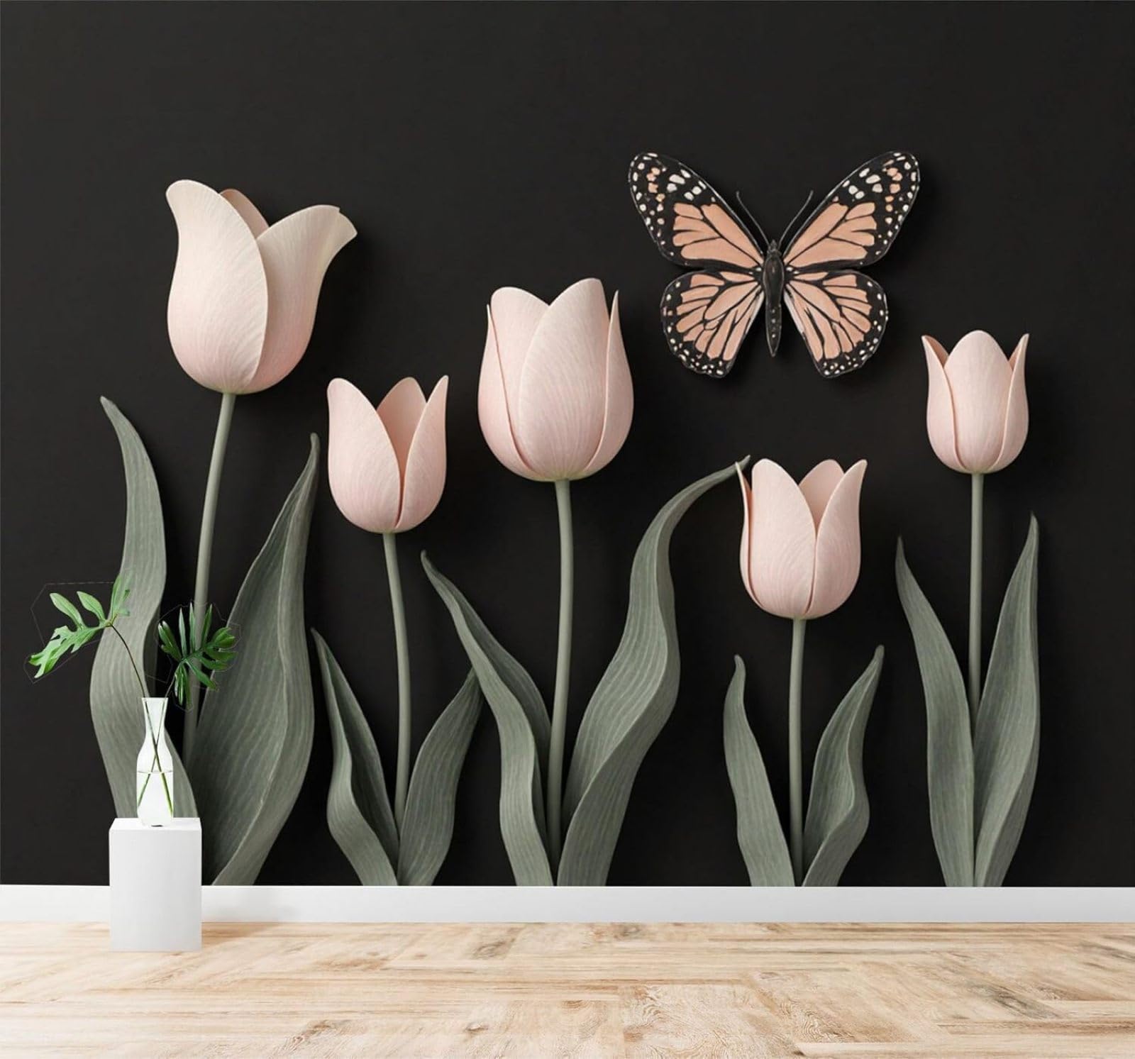 Xlming 250Cm×170Cm(B×H) Black Background Pink Tulips Butterflies Elegant Flowers 3D Wallpaper Premium Textured Silk Study Dining Living Room Bedroom Sofa Tv Wall Easy Install-250Cm×170Cm