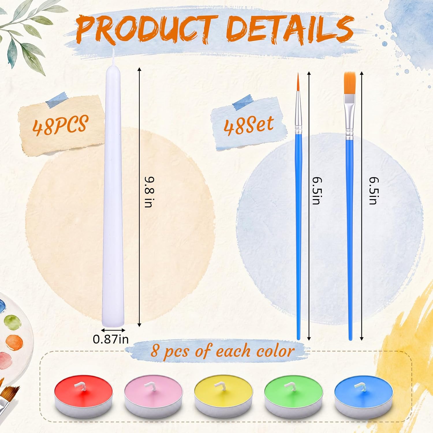 MTLEE 48 Set DIY Candle Painting Kit Include 48 Pcs 10 Inch White Taper Candles, 40 Colorful Tealight Candles and 48 Paint Brushes for Women's Parties, Art Classes, Home Decor, Printing Party
