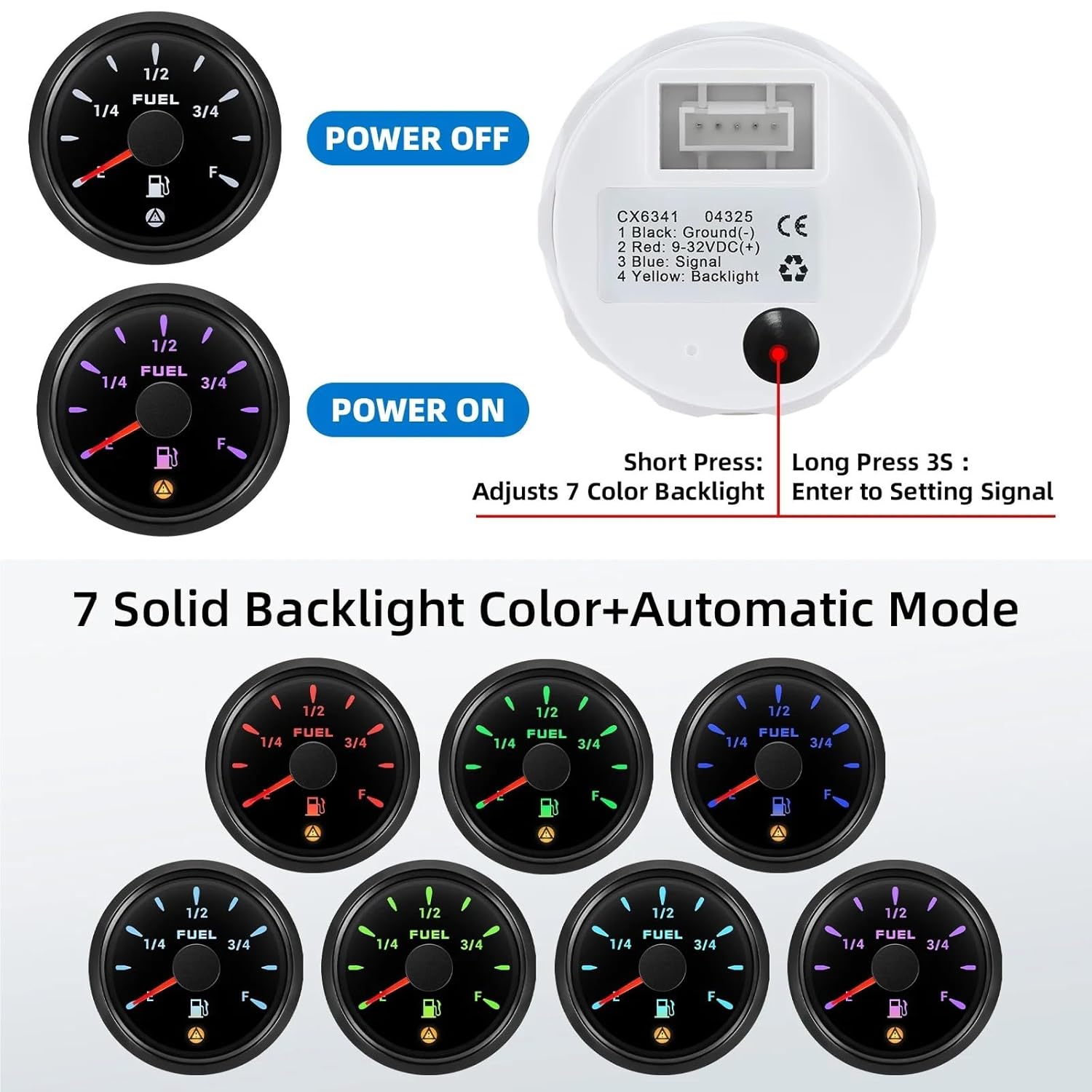 52mm Fuel Level Gauge with Flashing Alarm 0-190ohm 240-33ohm 10-180ohm 0-90ohm Car Oil Tank Gauge Meter 7 Colors LED(Orange)