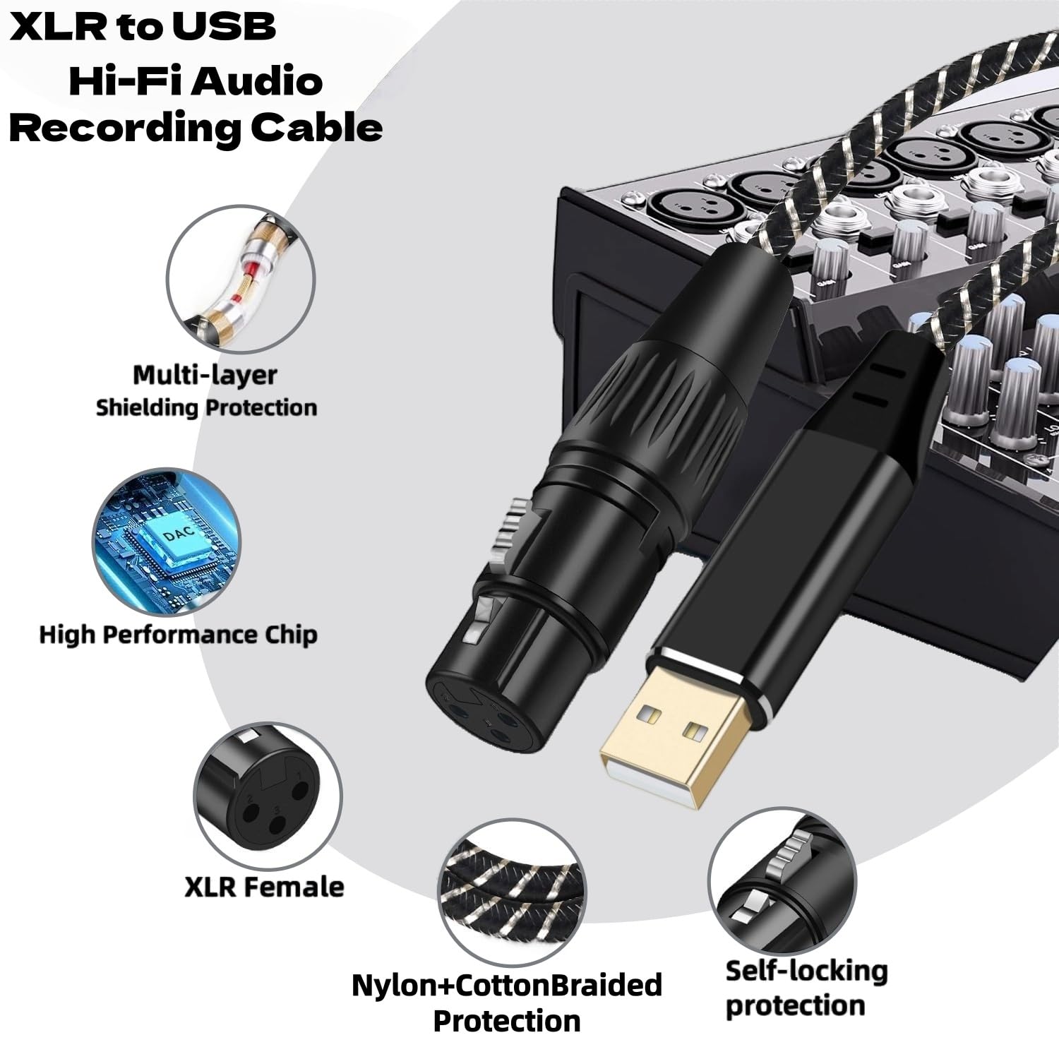Cable USB a XLR de 6.6 pies, cable de micrófono XLR a USB USB macho a XLR hembra, cable convertidor de enlace de micrófono, cable de audio de estudio, grabación, karaoke