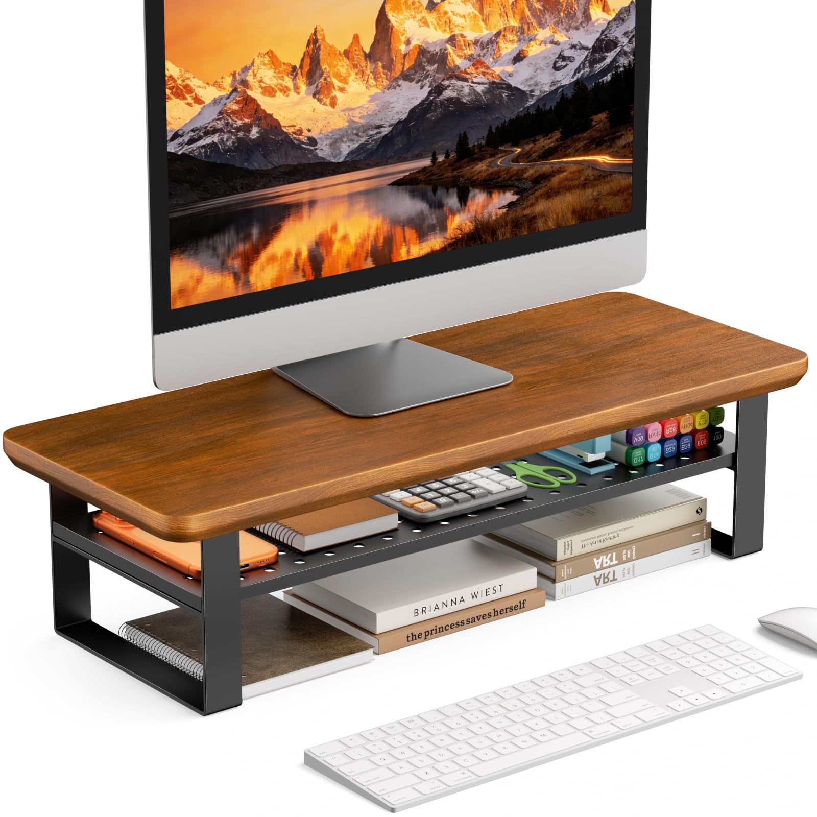 Monitor Stand Riser, 24 Inch Computer Monitor Stand for Desk, 2-Tier Wood Desk Shelf Organizer with Storage, Desktop Stand for Laptop/Screen/PC/Printer, Ergonomic Home Office Monitor Stand