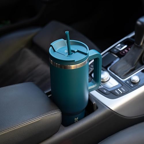 Miniatura 6 de BJPKPK Vasos aislados con asa y pajita, vasos térmicos de acero inoxidable de 30 onzas con tapa, color verde militar