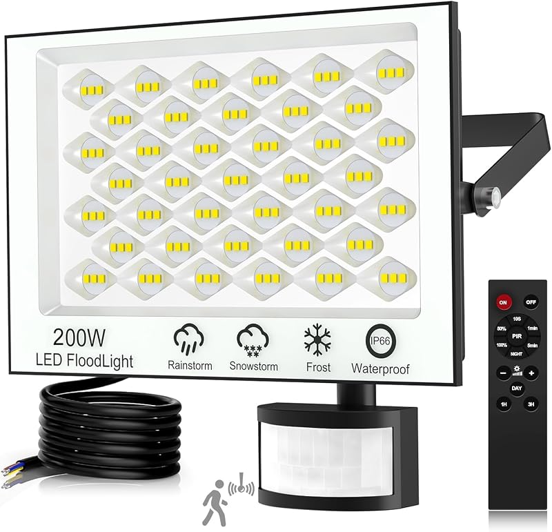 Viugreum 200W LED Reflektor Mozgásérzékelővel - 20000lm, 6500K Hideg Fehér, IP66 Vízálló Kültéri Lámpa Kerthez, Udvarhoz, Garázshoz