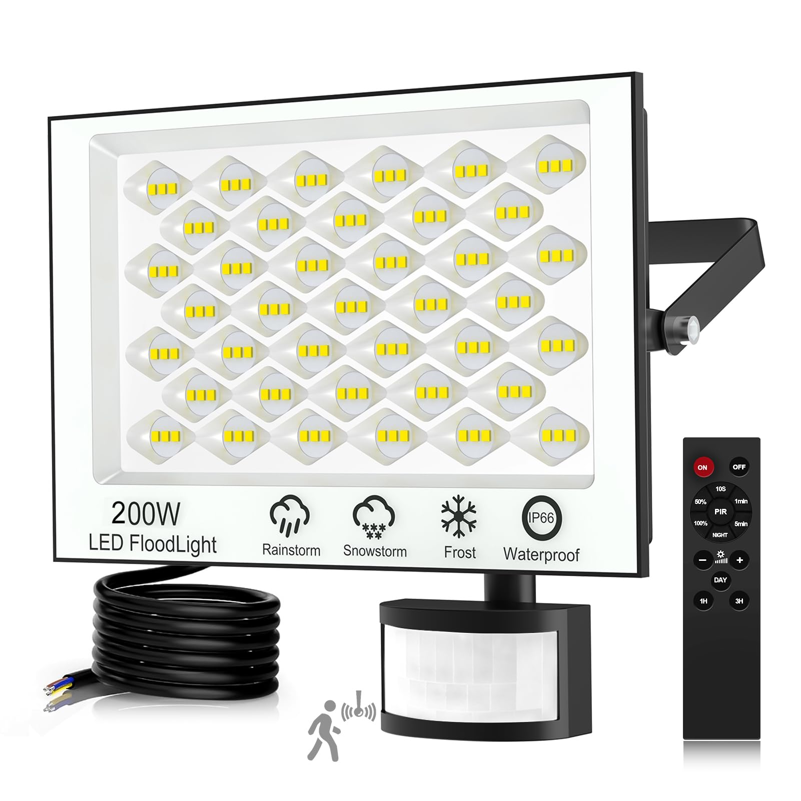 Viugreum 200W Faretto LED da Esterno con Sensore di Movimento, 20000LM 6500K Bianco Freddo Faretto LED da Esterno con Telecomando, IP66 Impermeabile Faro LED Esterno per Giardino Garage Garage