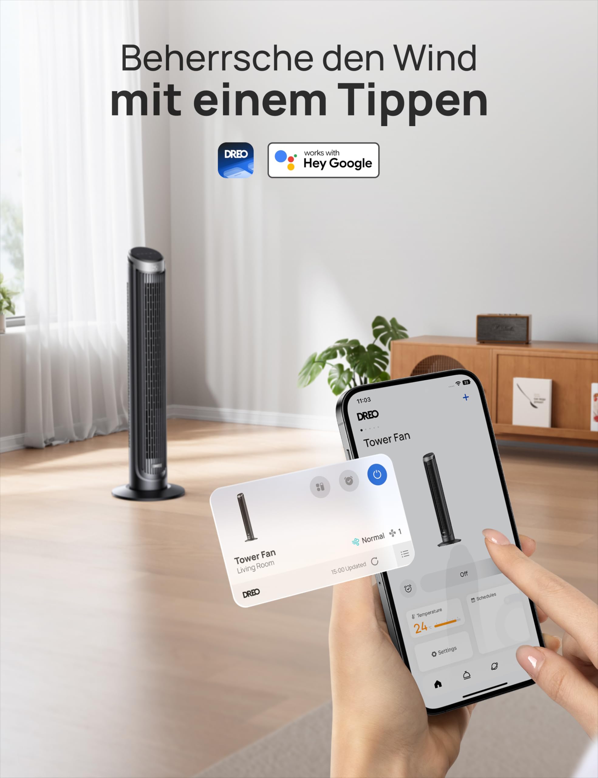 DREO Smart Turmventilator, 90° Oszillierend Standventilator, 7.9 m/s, 5 Stufen, 4 Modi, Touch/Fernbedienung/App, Alexa, 12H Timer, Silber