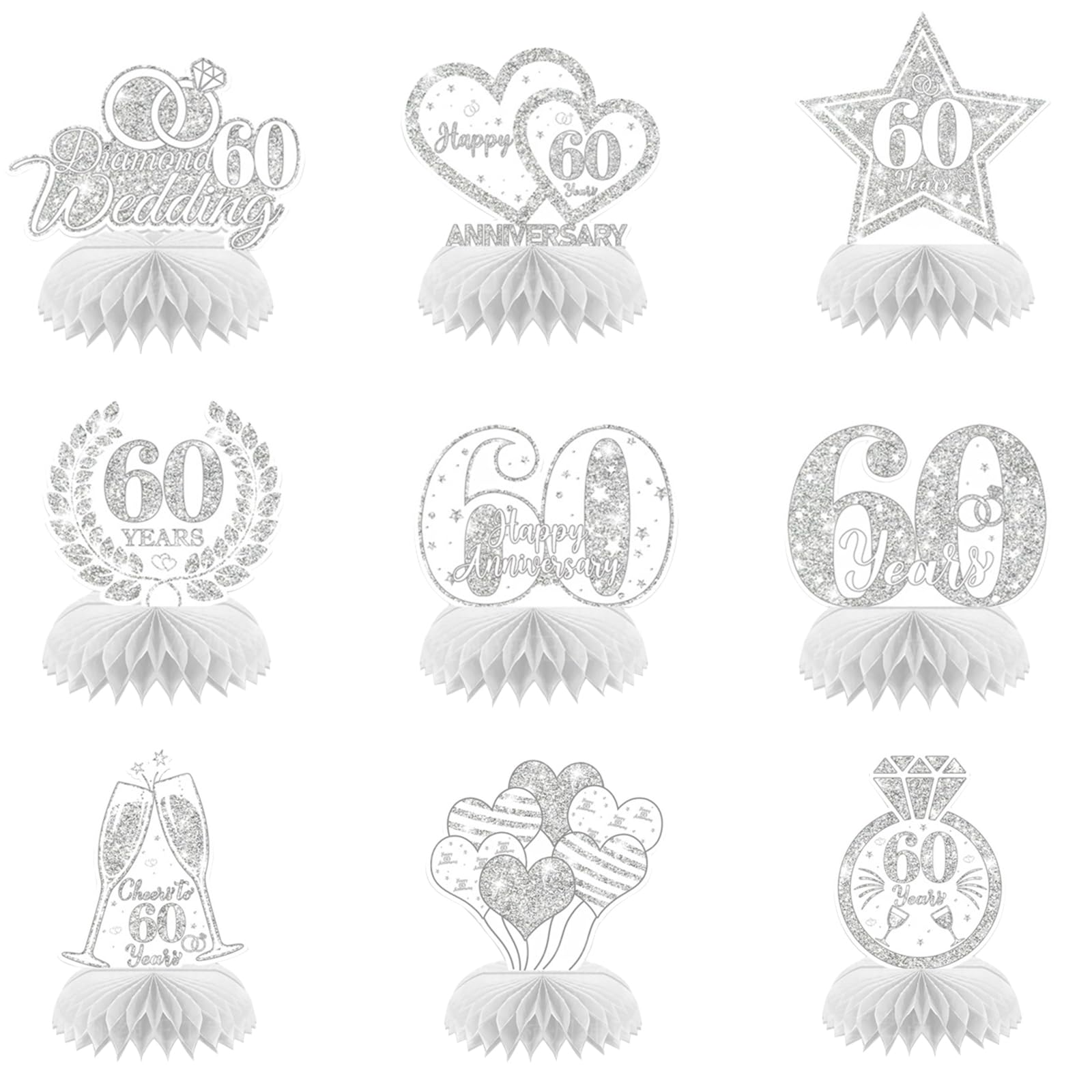 9Pcs Diamond Wedding Anniversary Decorations Romantic 60th Honeycomb Dining Table Decoration (60th) — image 1