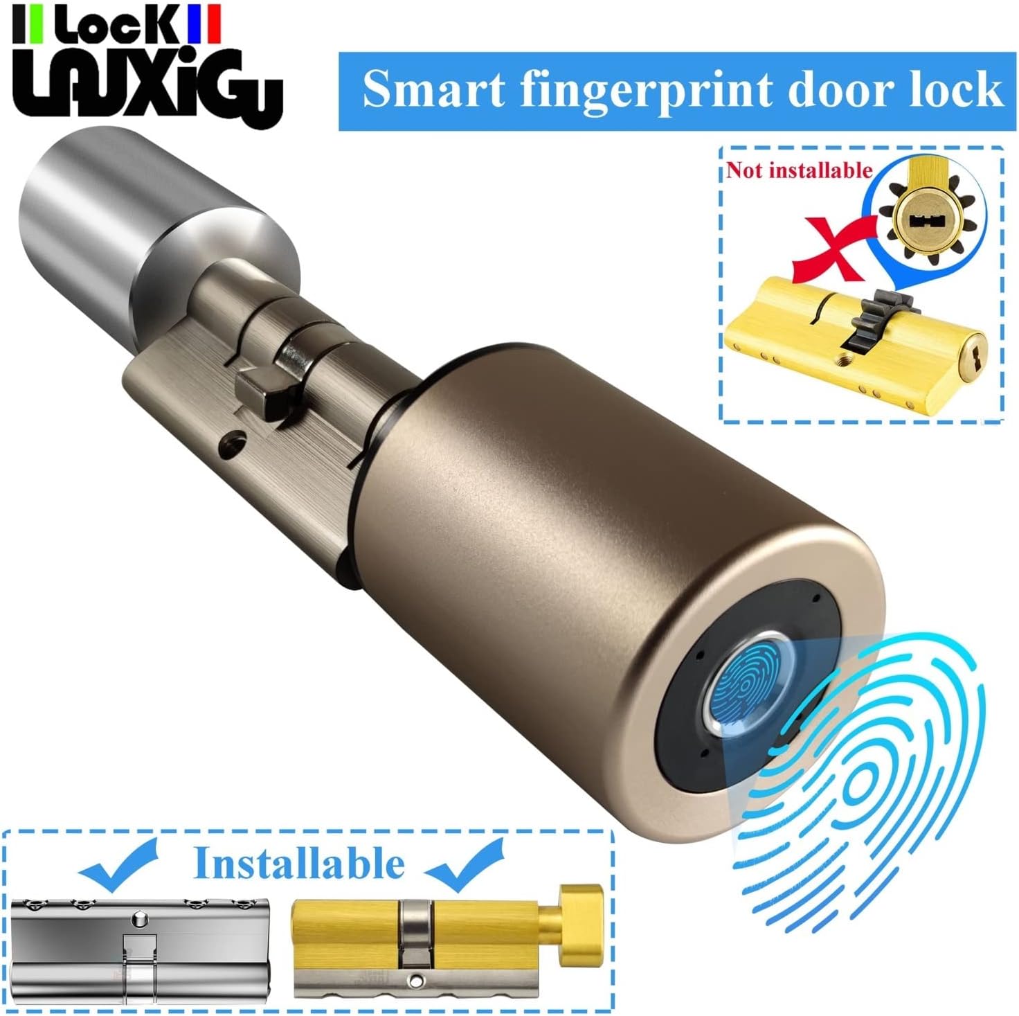 Intelligent Door Lock Variable Size Fingerprint Lock Fingerprint Cylinder Door Cylinder Lock Outdoor Door Lock Entry Door Cylinder Door Smart Lock Fiing for Lock (Gold)
