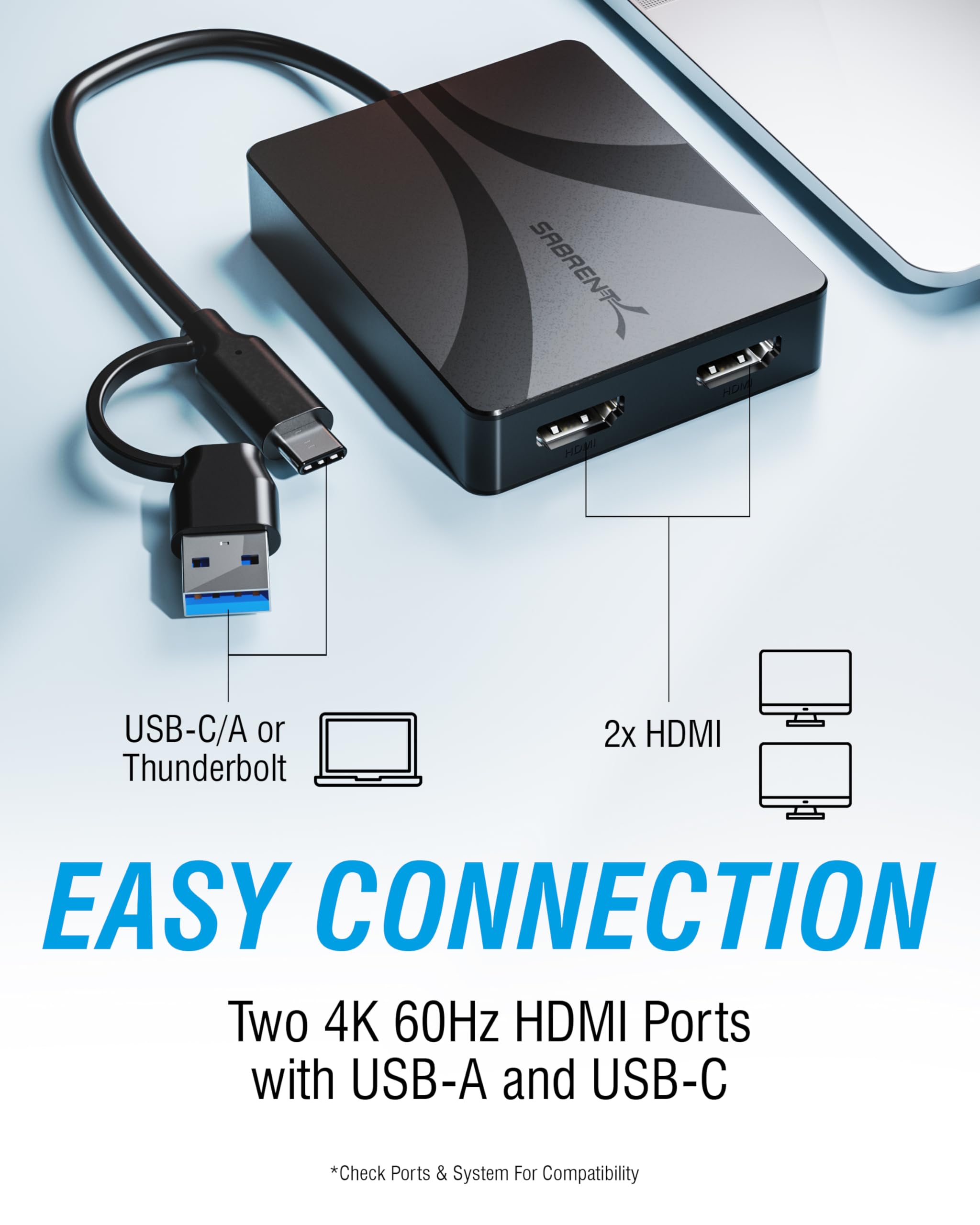 SABRENT Adattatore da USB tipo C/A a doppio HDMI, 4K a 60Hz, modalità estesa e specchio, compatibile con Alt Mode + DisplayLink, audio stereo/5.1, supporto HDCP, alloggiamento in alluminio, Plug