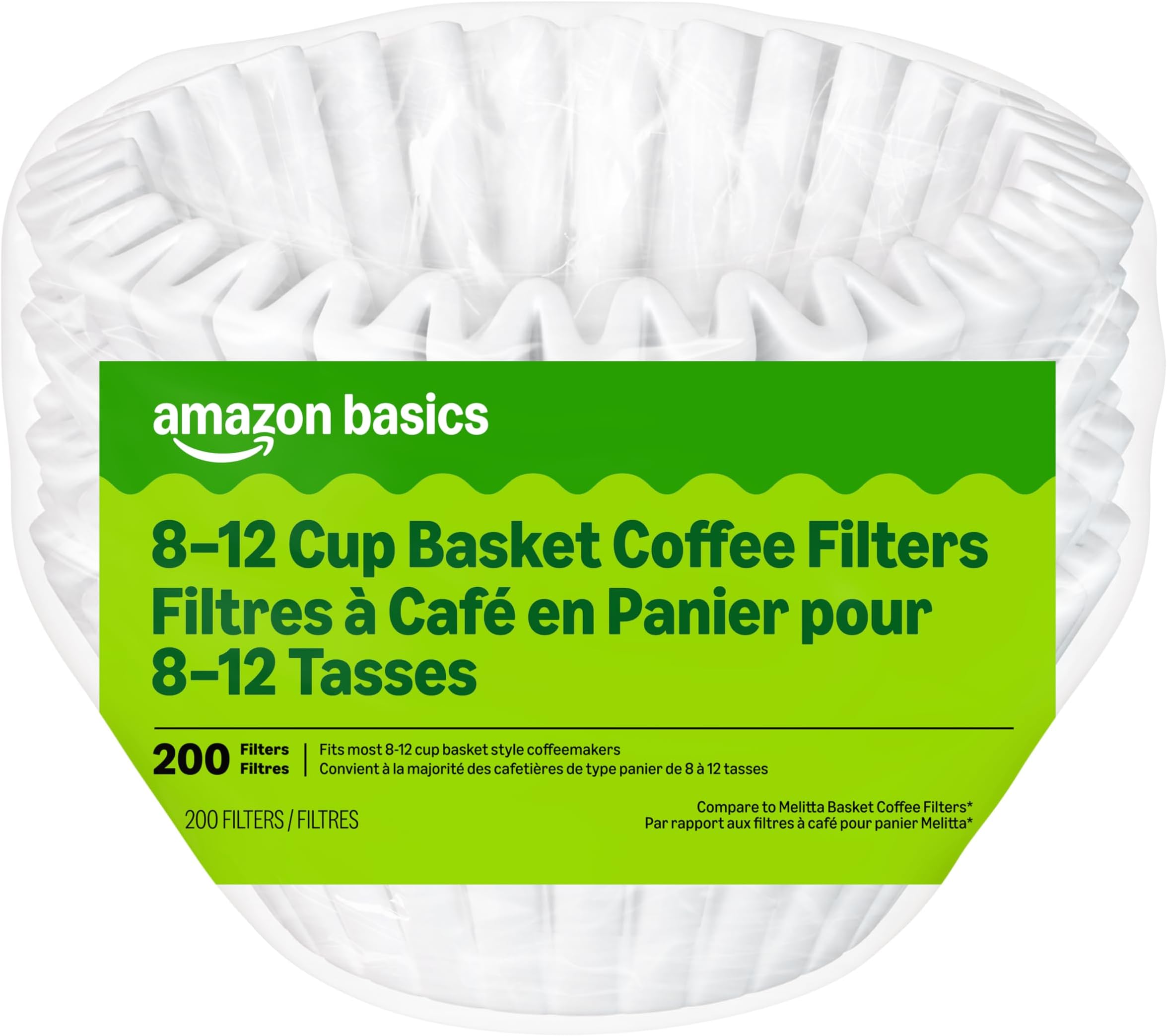 Amazon Basics Basket Coffee Filters for 8-12 Cup Coffee Makers, White, 200 Count