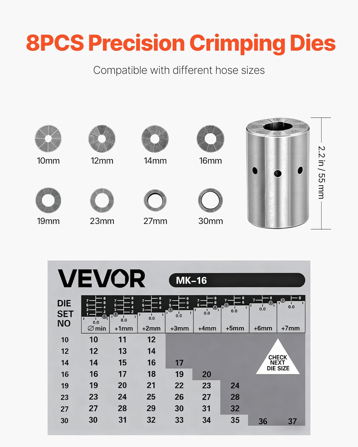 VEVOR High Pressure Hydraulic Hose Crimper, Manual Hose Crimping Tool with 8 Dies & 0.24"-1.1" Crimping Range, Suitable for Low & High-Pressure Oil Pipes, Gas/Water/Auto AC Hoses & Cable Joints