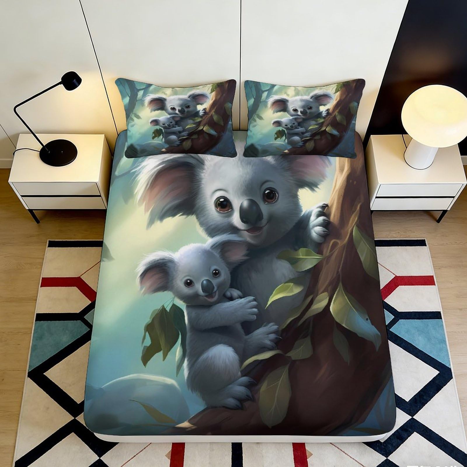 3D Printed Koala Tree Fitted Sheet Microfiber Anti-Slip Animal Family Bed Cover for Bedroom Dorm Mattress Protection Decor 90x200x25cm