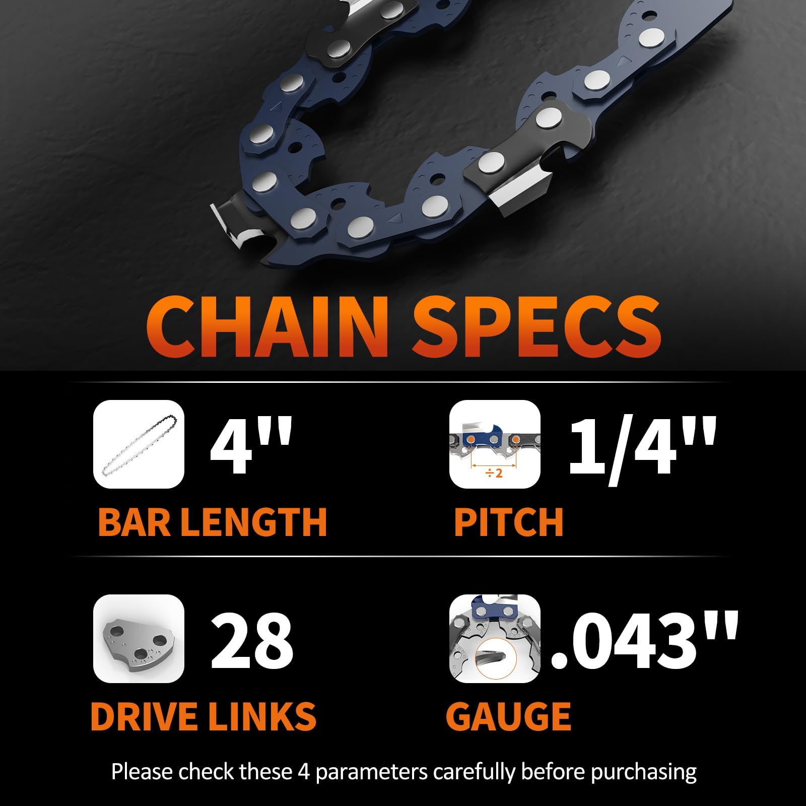 3 cadenas de motosierra, cadenas de repuesto para mini motosierra portátil, cadena de sierra guía para motosierras (10.2 cm-28DL-1/10.2 cm LP .109.2 cm-3 piezas)