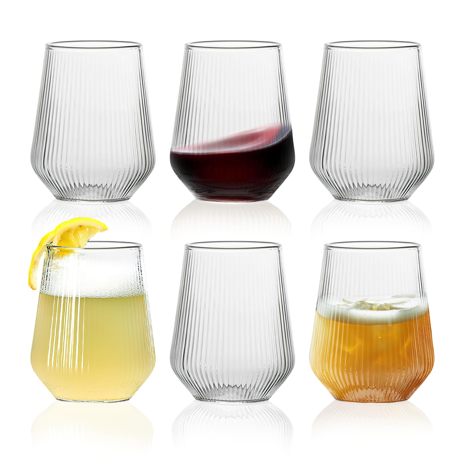 Ausune 6 Pack 460ml Ribbed Wine Glasses, Juice Cocktail Glasses Drinking Glassware Origami Style Fluted Ripple Beverage Tumblers Set, 15.55oz Vintage Stemless Cups for Home, Restaurant, Events & Part