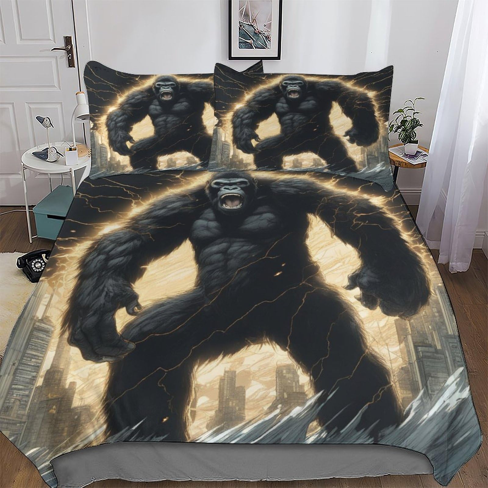 Parure de lit chimpanzés en microfibre 200x200 cm avec housse de couette et taies d'oreiller
