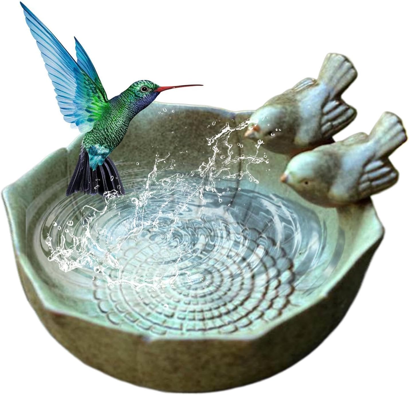 Ceramic Bird Bath Bowl, Table Top Blue Bird Bath for Outside, Hand Painted Glazed Ceramic Birds Baths Bowls and Feeders, Vintage Garden Tabletop Birds Baths Decor for Butterflies Hummingbirds Parrots