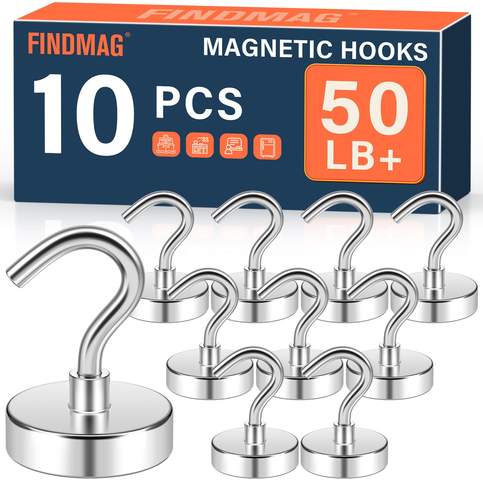 FINDMAG 10 Pack Cruise Magnetic Hooks, 50LB+ Magnet Hooks, Silver