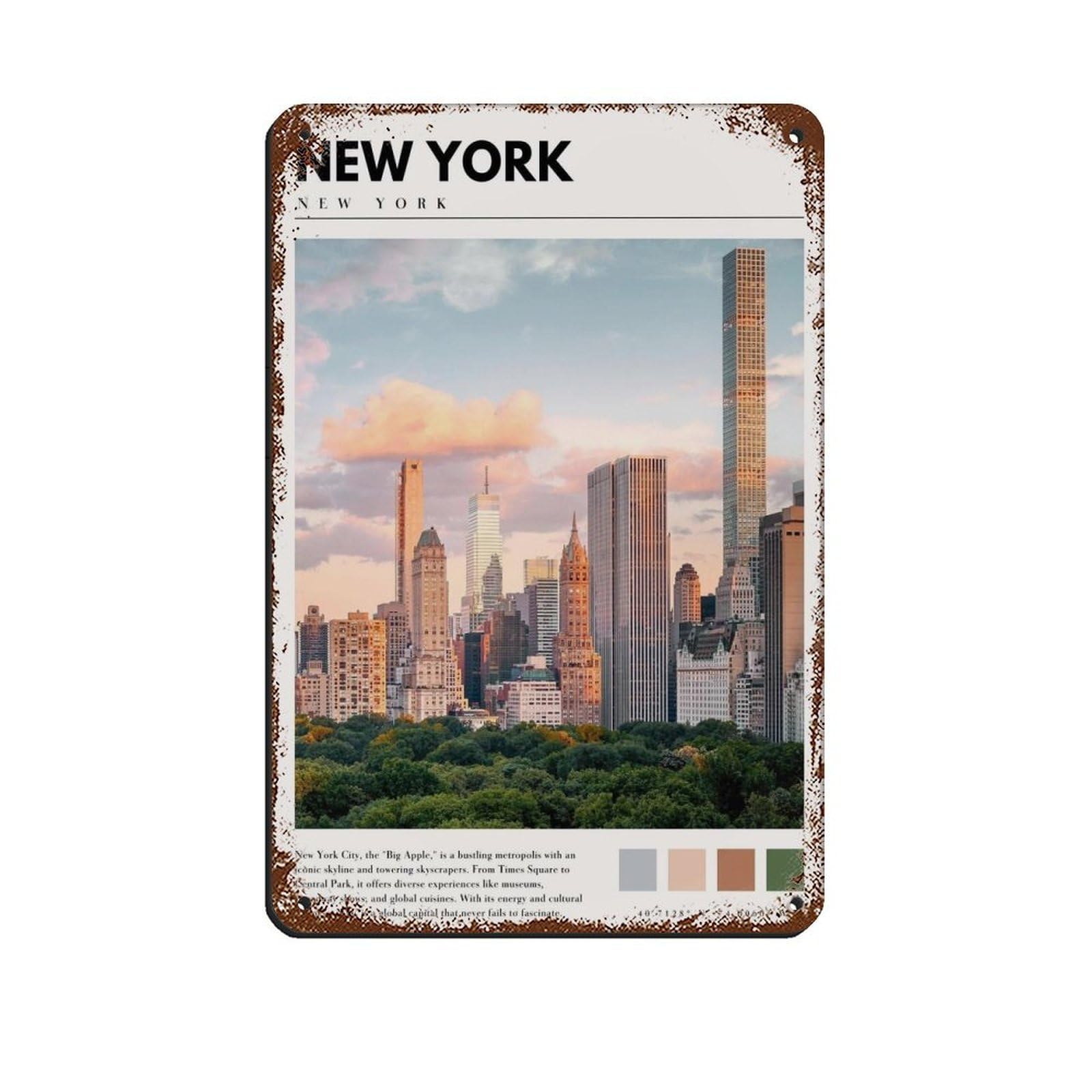 New York Manhattan Art NYC Cityscape Poster Tin Sign Vintage Metal Pub Club Cafe Bar Home Wall Art Decoration Poster Retro 8x12inch(20x30cm)