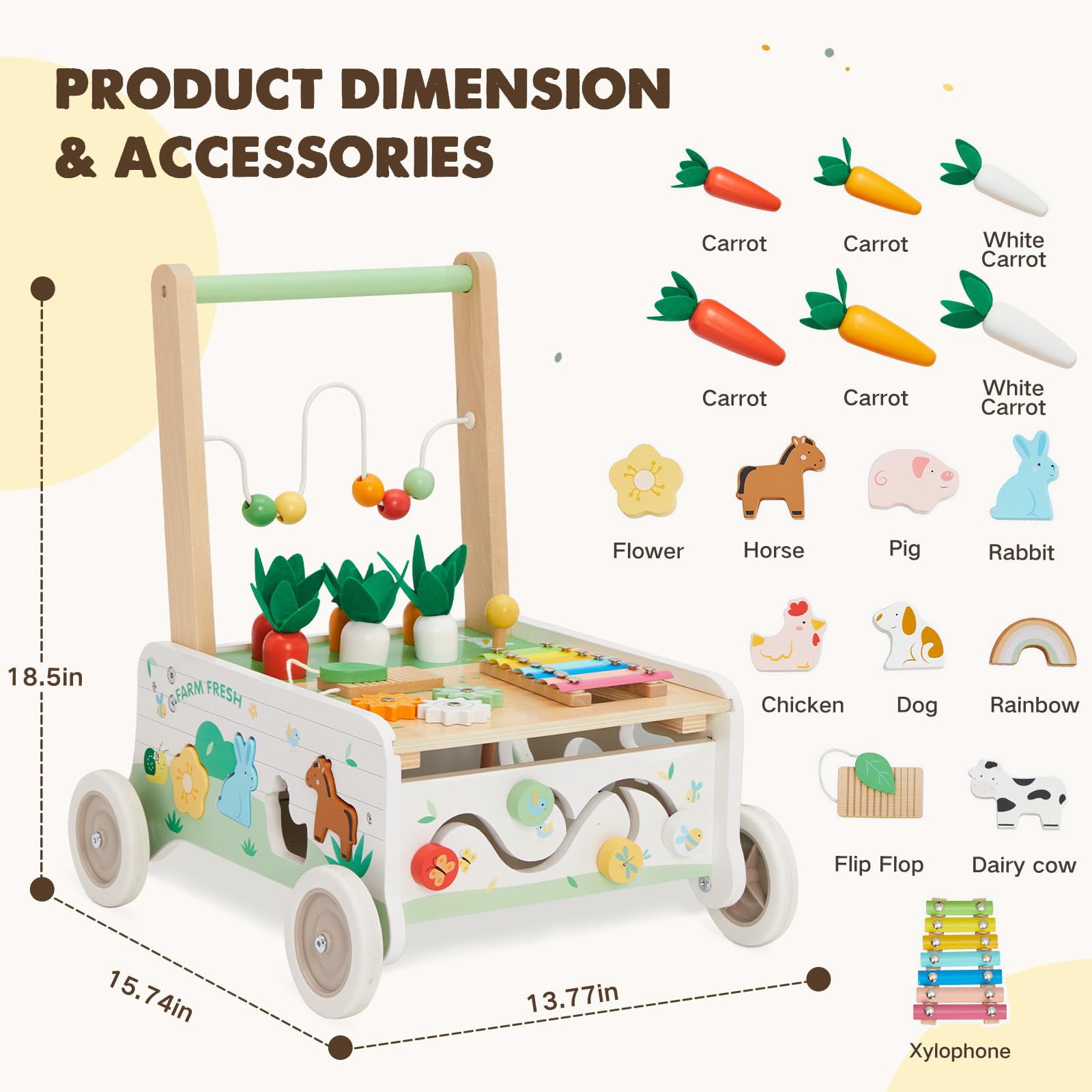 Labebe Andador de Bebé, Andador de Madera para Empujar al Bebé, Andador de Velocidad Ajustable con Rueda, Centro de Actividades para Niños Pequeños