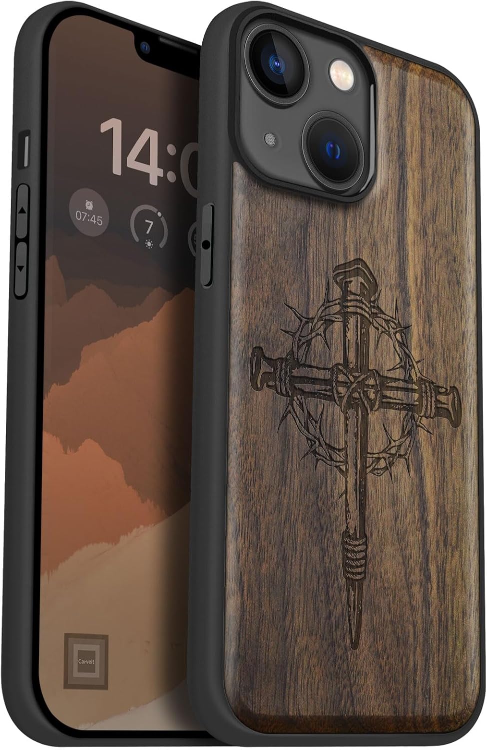 Carveit Magnetic Wood Case for iPhone 14 Case [Natural Wood & Black Soft TPU] Shockproof Protective Cover Unique Wooden Case Compatible with magsafe (Crucifix Nails -Walnut)