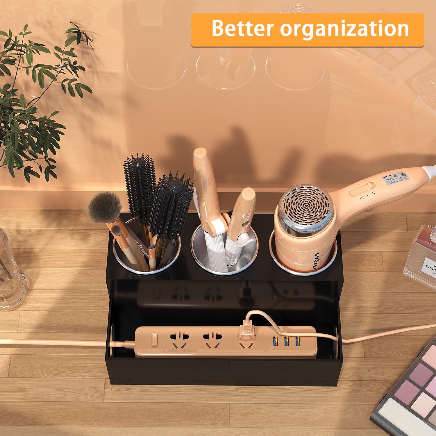 Organizador de herramientas para el cabello, soporte acrílico negro para secador de pelo con 3 tazas, soporte para secador de pelo, suministros de baño, soporte de almacenamiento para