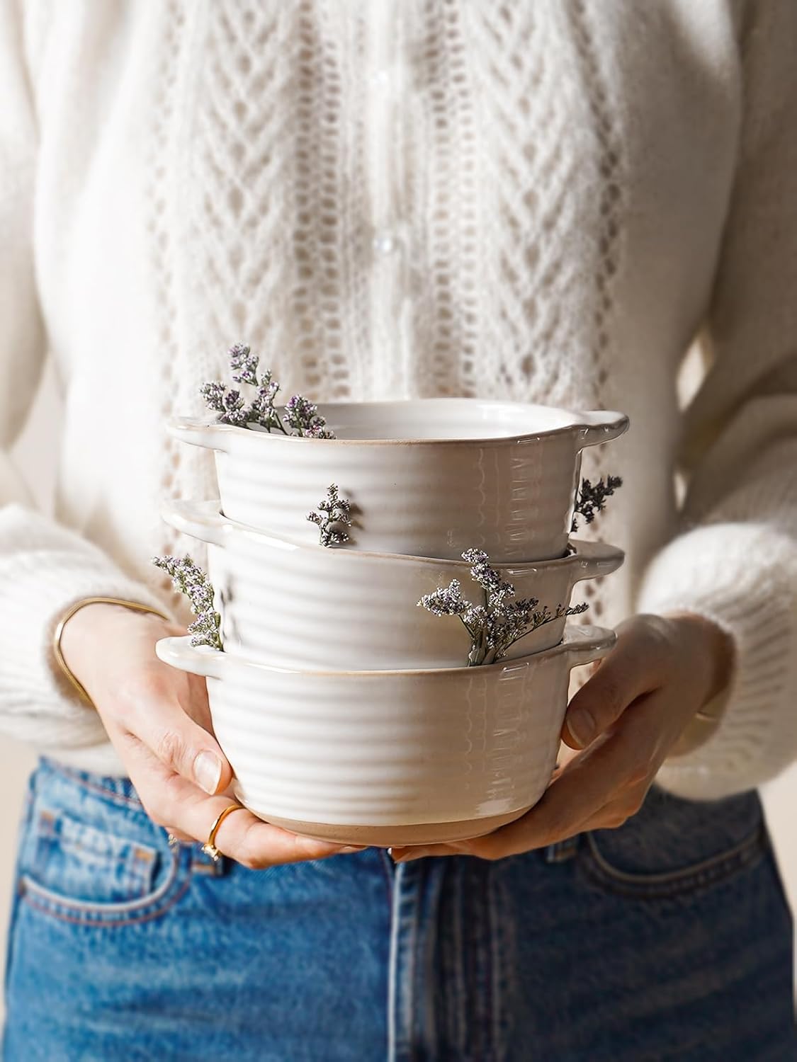 LE TAUCI Soup Bowls with Handles, 20 oz French Onion Soup Crocks, Soup Bowl Oven Safe for Chili, Beef Stew, Ceramic Bowl Set - 5.5 Inch, Set of 4, Arctic White - Image 7