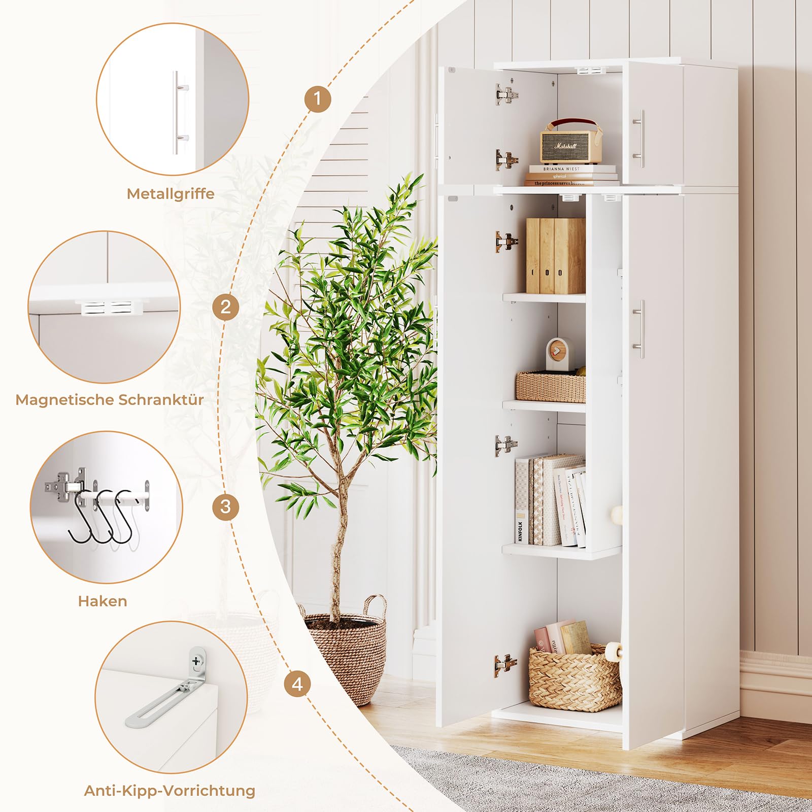 Dripex Besenschrank Mehrzweckschrank 180x60x34cm Haushaltsschrank Staubsaugerschrank aus Holz mit Verstellbarer Einlegeboden für Küche Wohnzimmer Esszimmer, Weiß