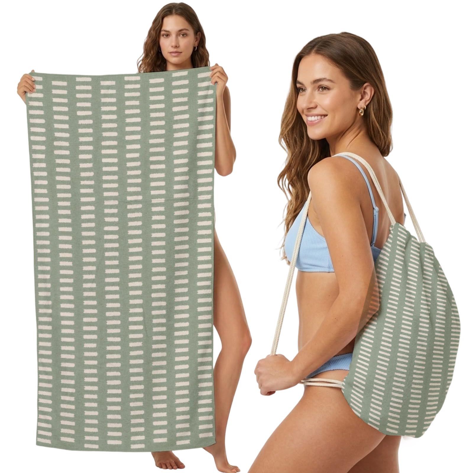 Beach Towel Bag 2 in 1 Sage Green Dashed Stripe Bath Pool Towels Backpack Abstract Striped Linear Absorbent Beach Towel Soft Quick Dry Lightweight Packable Towels Drawstring Bag for Travel Sports Yoga